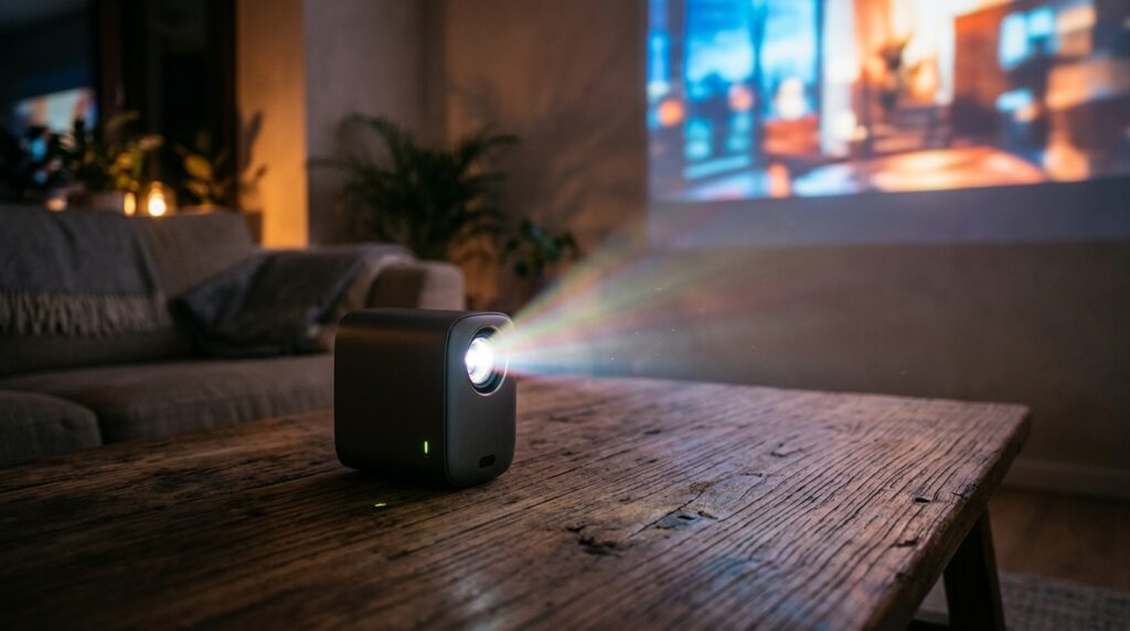 Projector_projecting_movie_on_wall - How Long Does a Mini Projector Battery Last in 2026