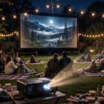 Backyard movie night with large outdoor screen