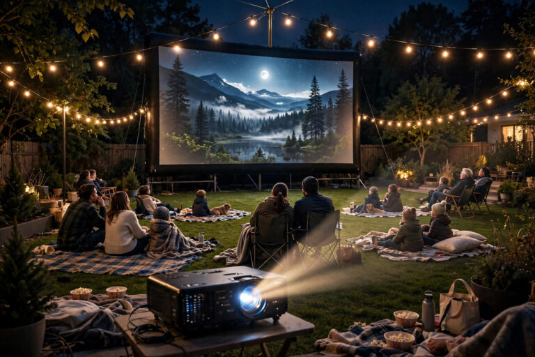 Backyard movie night with large outdoor screen