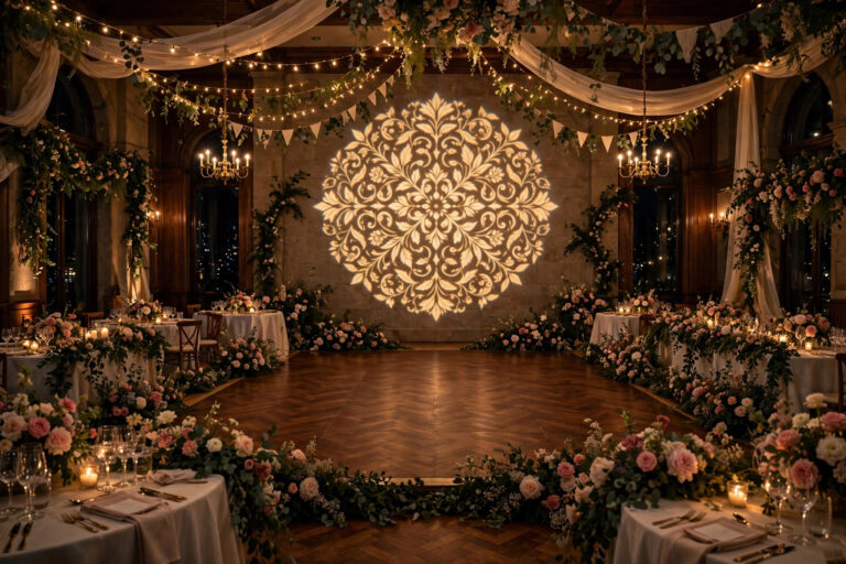 Wedding venue with monogram gobo light projection
