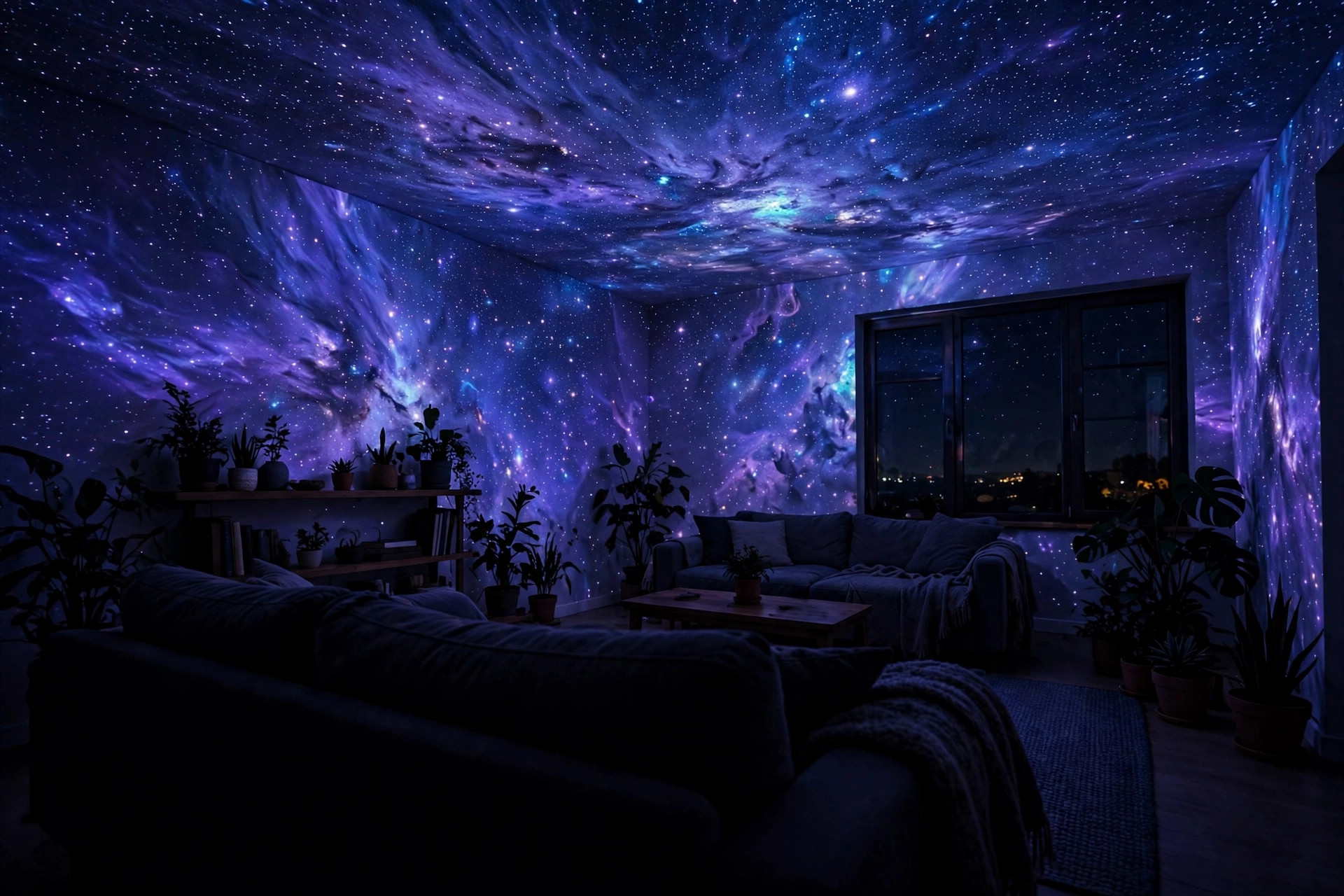 Living room transformed into home planetarium with star projection