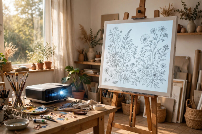 Artist studio with projector tracing sketch onto canvas