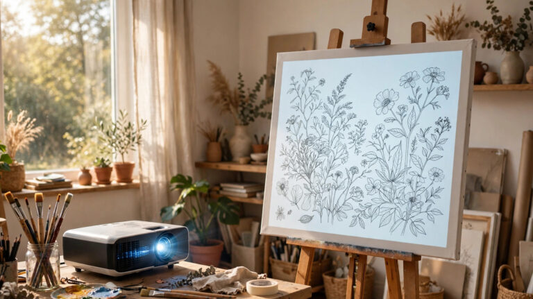 Artist studio with projector tracing sketch onto canvas