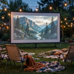 Backyard outdoor cinema at dusk with glowing projector screen