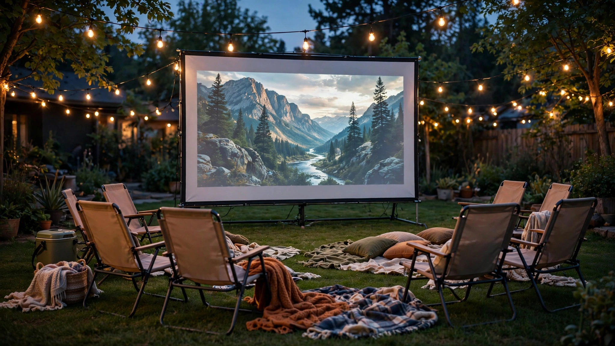 Backyard outdoor cinema at dusk with glowing projector screen
