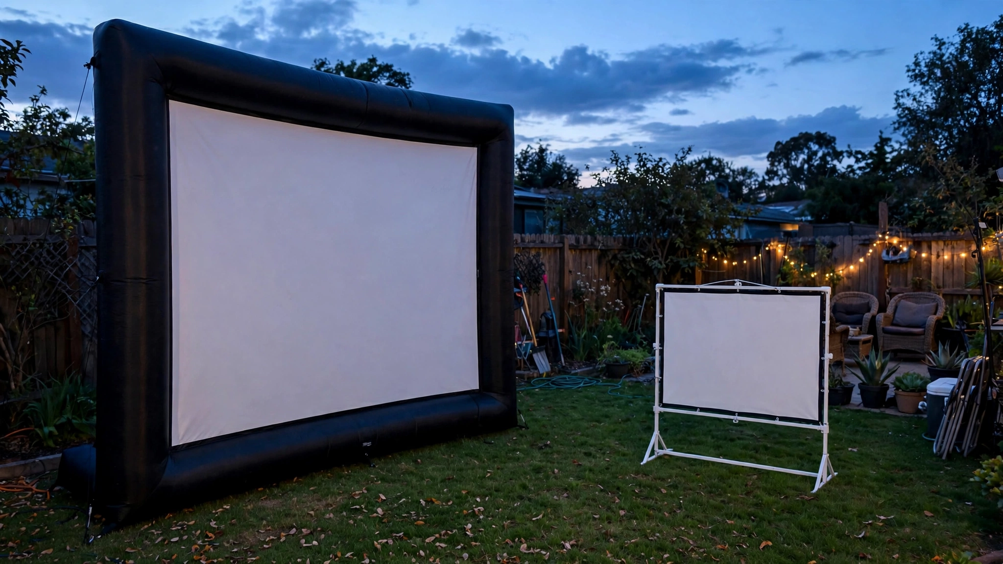 Inflatable PVC screen next to a freestanding frame screen in a backyard at dusk