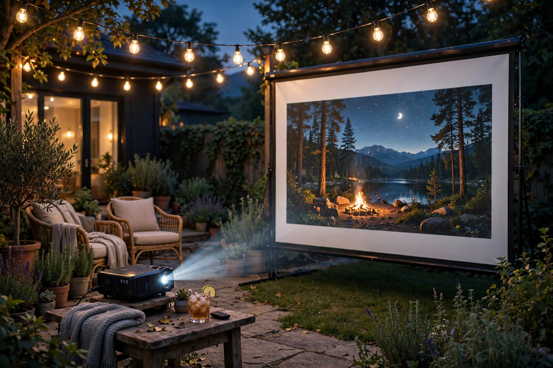 Backyard projector setup at dusk with outdoor screen