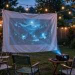 White bedsheet hung outdoors as a makeshift projector screen with a glowing movie image on it at dusk, lawn chairs and projector nearby