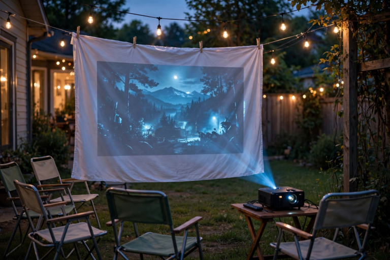 White bedsheet hung outdoors as a makeshift projector screen with a glowing movie image on it at dusk, lawn chairs and projector nearby