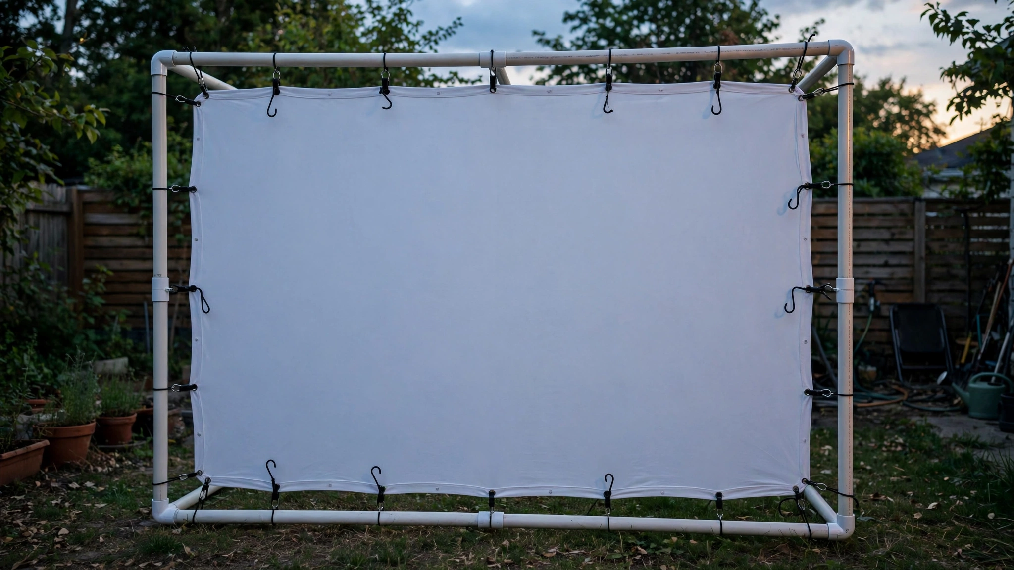 White bedsheet stretched tight on a homemade PVC frame with bungee cords for an outdoor movie night