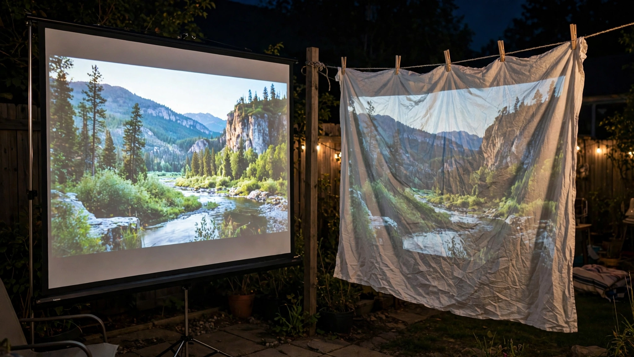 Dedicated outdoor projector screen compared with a wrinkled white sheet - Can You Use a White Sheet as an Outdoor Projector Screen