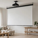 Ceiling-mounted projector and hanging projector screen in a living room