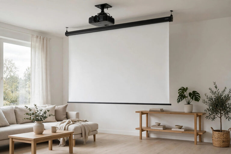 Ceiling-mounted projector and hanging projector screen in a living room