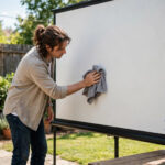 Cleaning an outdoor projector screen with microfiber cloth