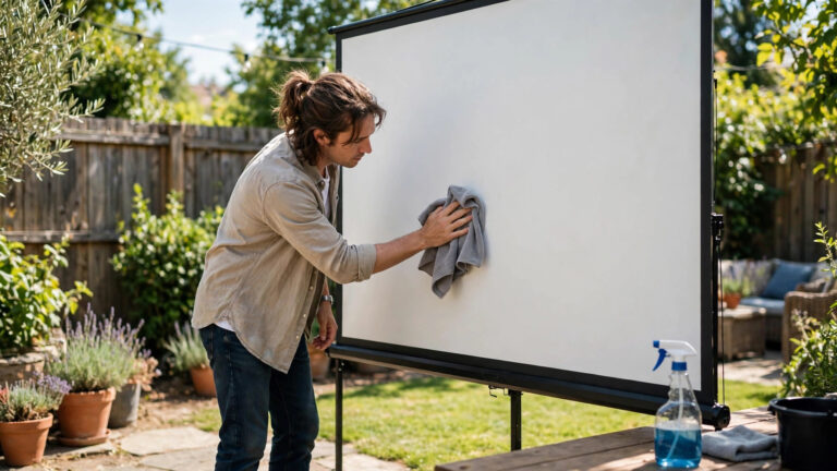 Cleaning an outdoor projector screen with microfiber cloth
