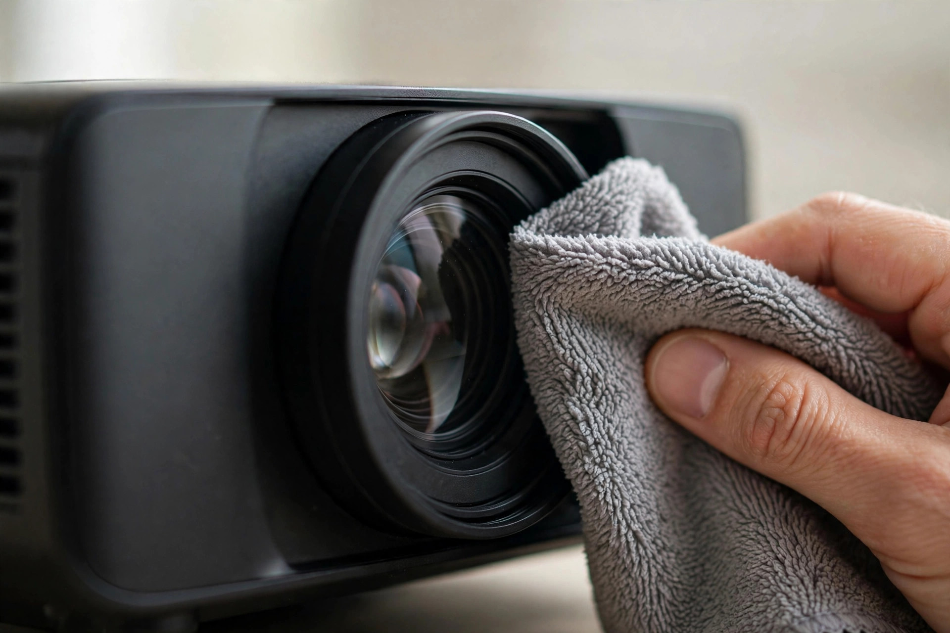 Cleaning a projector lens with a microfiber cloth
