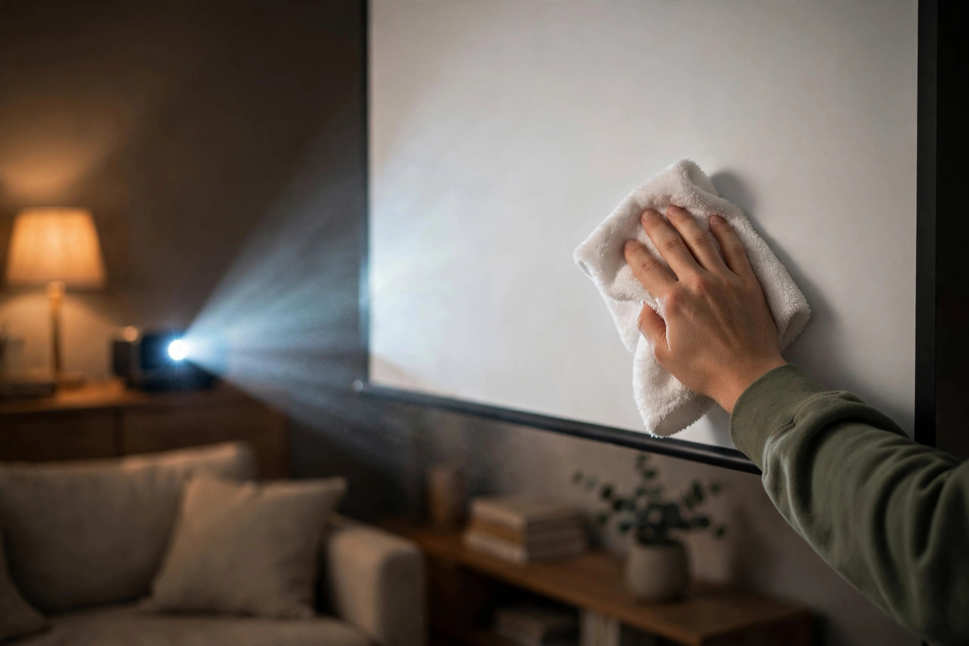 Wiping a projector screen with a soft cloth