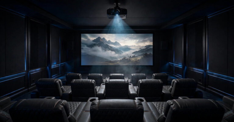 Ceiling-mounted projector beaming a mountain landscape onto a large screen in a dark home theater with leather recliners