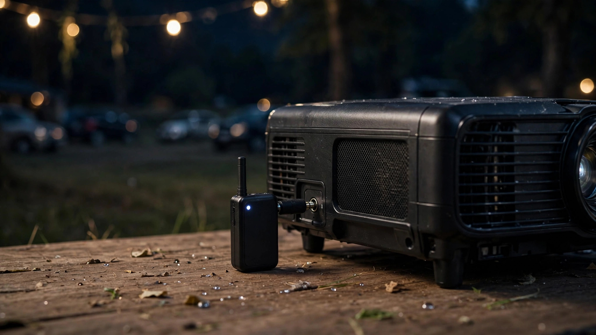 FM transmitter connected to projector audio output - How to Use an FM Transmitter With a Projector for a Drive-In Movie Night