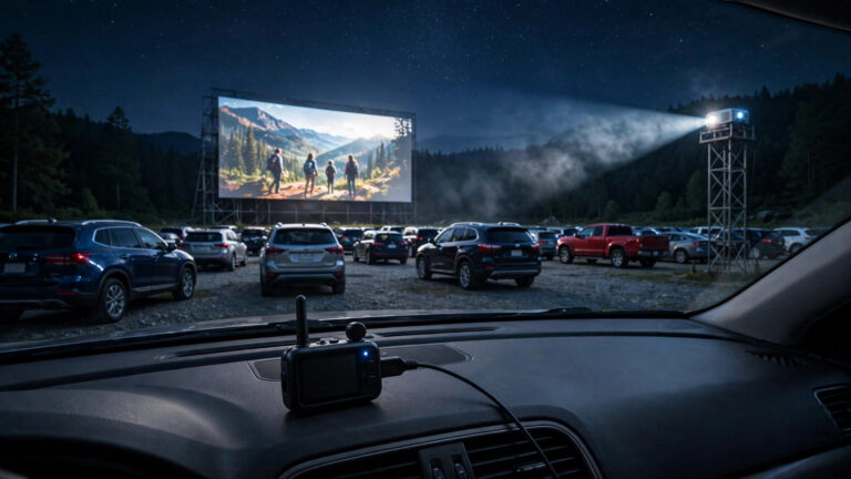 Drive-in movie night with cars facing outdoor screen