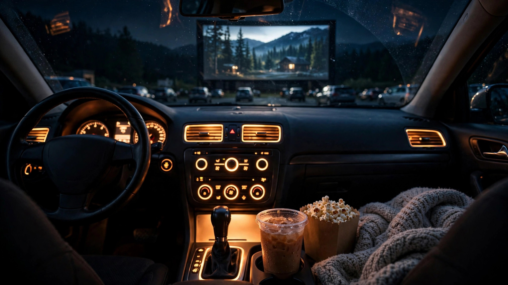 Car radio tuned in at drive-in movie night