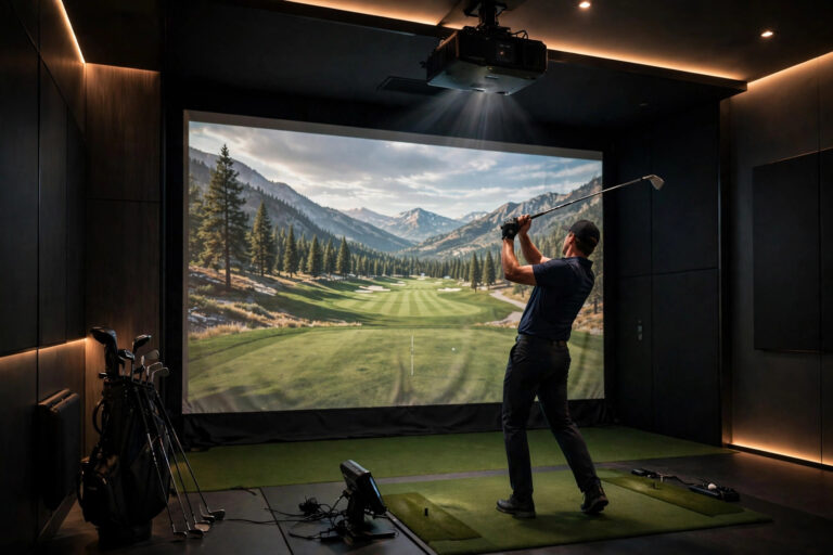Golf simulator room with ceiling-mounted projector