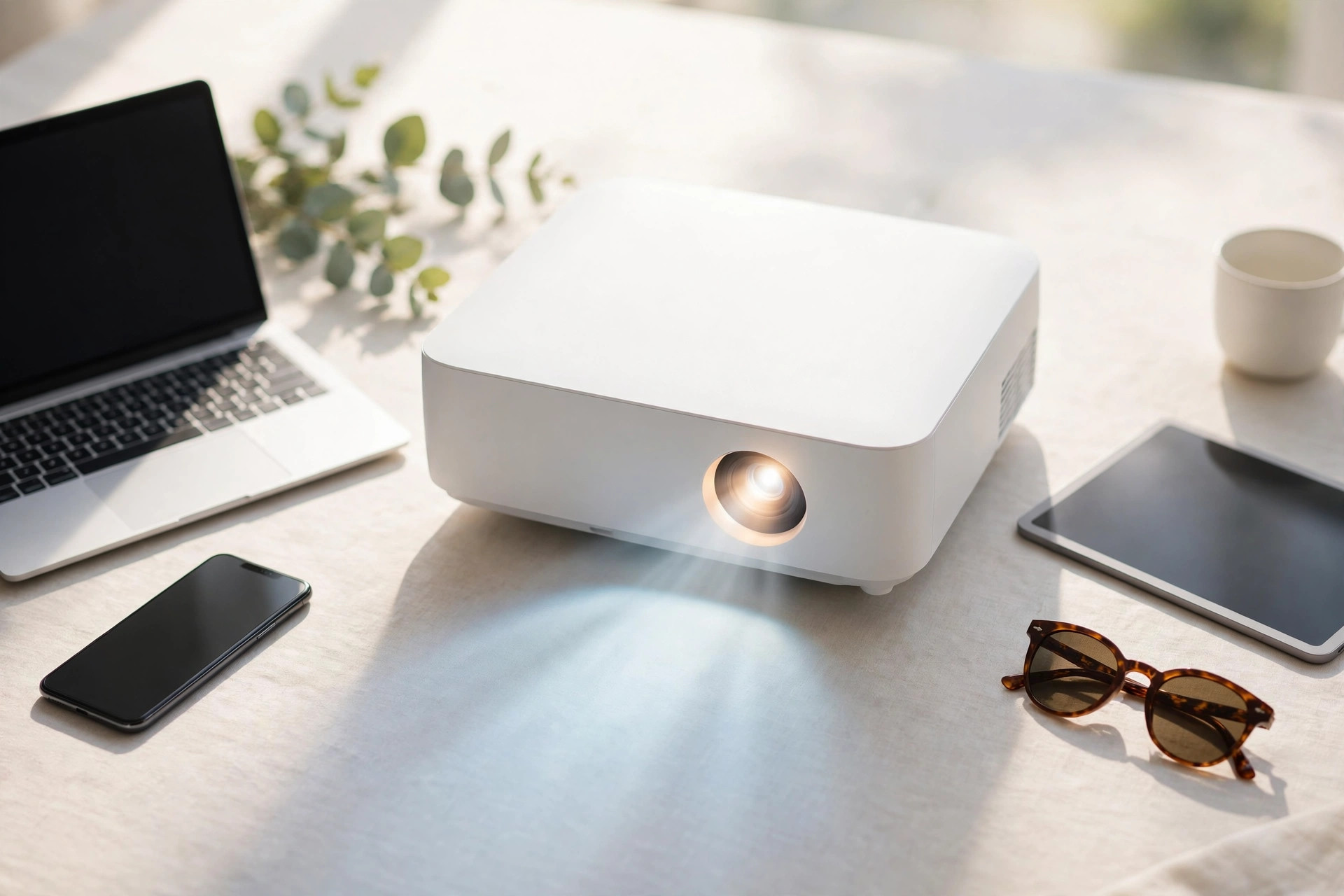Projector shining in a bright modern living room