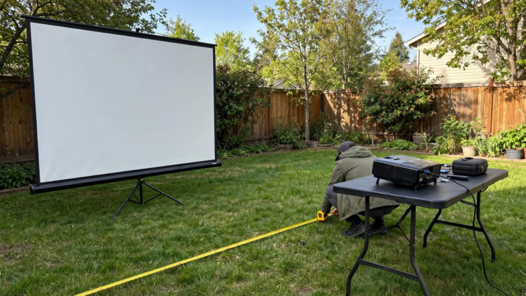 Projector on table behind lawn chairs projecting onto outdoor screen at night