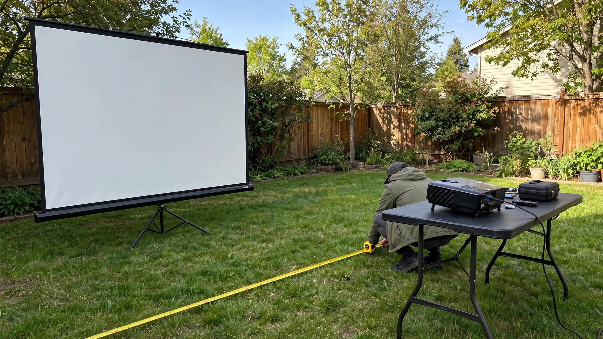 Projector on table behind lawn chairs projecting onto outdoor screen at night