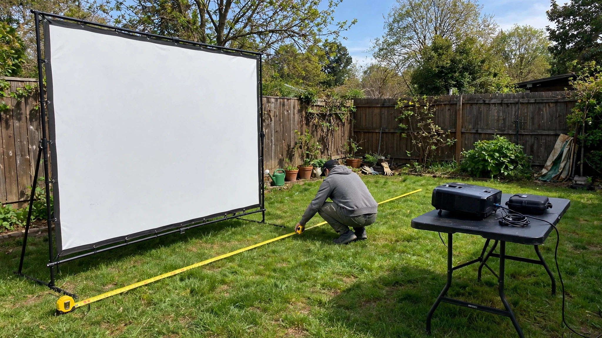 Measuring projector throw distance from screen to projector position in a backyard