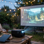 How to Connect Your Phone to A Projector for A Backyard Movie Backyard movie night at dusk with a projector beaming a glowing movie image onto a screen and a smartphone connected by a visible cable, string lights overhead