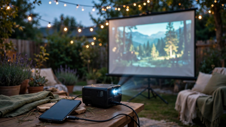 Backyard movie night at dusk with a projector beaming a glowing movie image onto a screen and a smartphone connected by a visible cable, string lights overhead