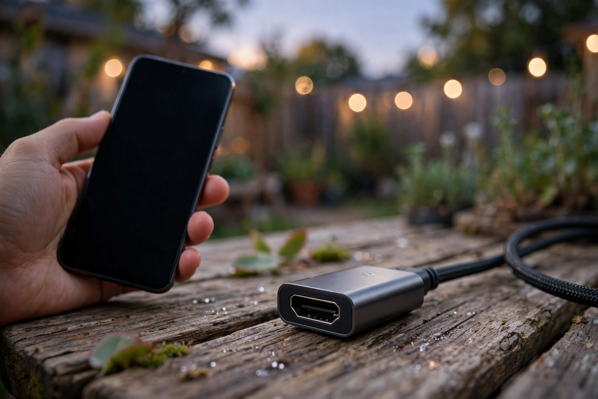 Smartphone ready to connect to an outdoor projector - How to Connect Your Phone to A Projector for A Backyard Movie