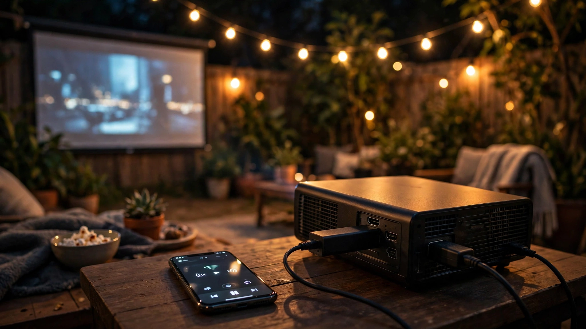 Streaming stick connected to an outdoor projector while a phone casts video wirelessly during a backyard movie night