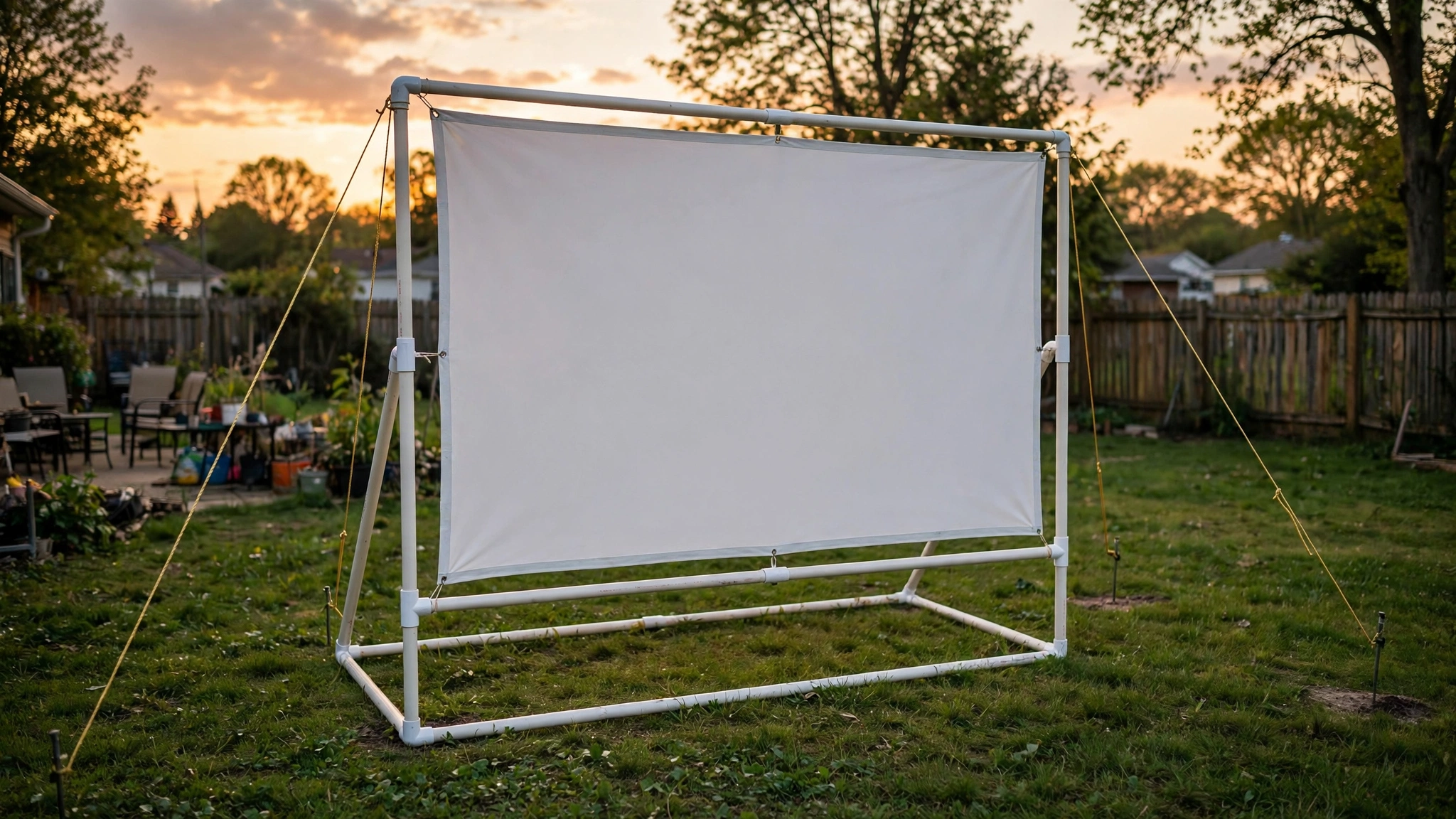 DIY PVC pipe frame projector screen anchored with guy lines and stakes in a backyard at dusk