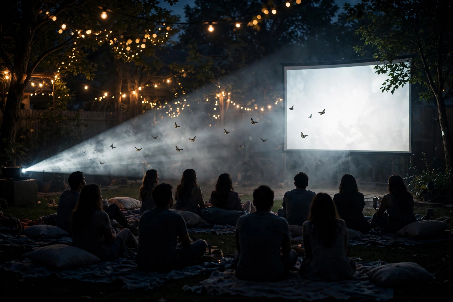 Backyard movie night at dusk with projector beam and screen