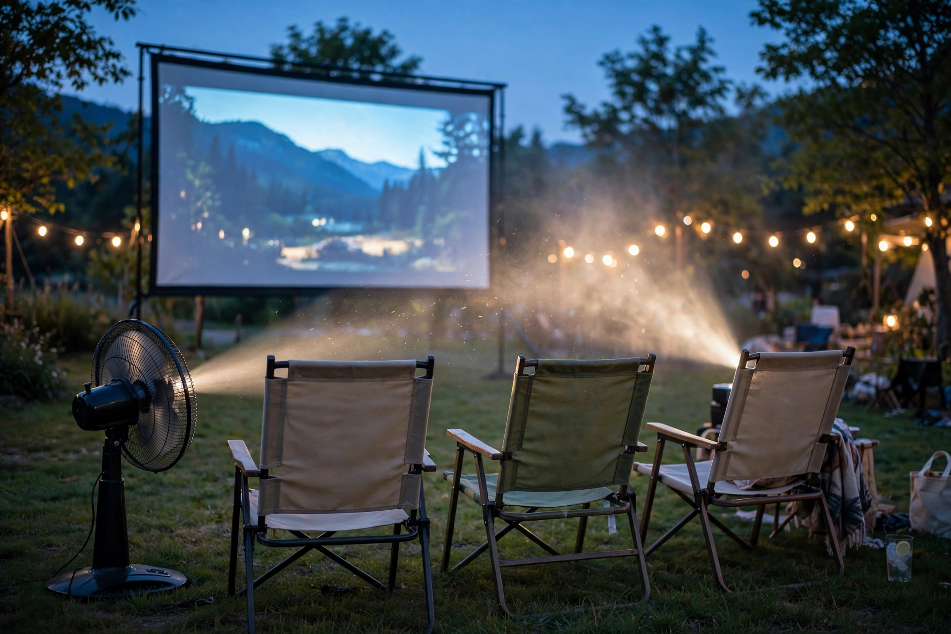 Oscillating fan creating airflow across seating at a backyard projector movie night