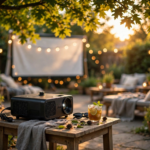 How to Keep Your Projector Cool Outside in Summer 2026 Projector on a shaded backyard patio table at golden hour