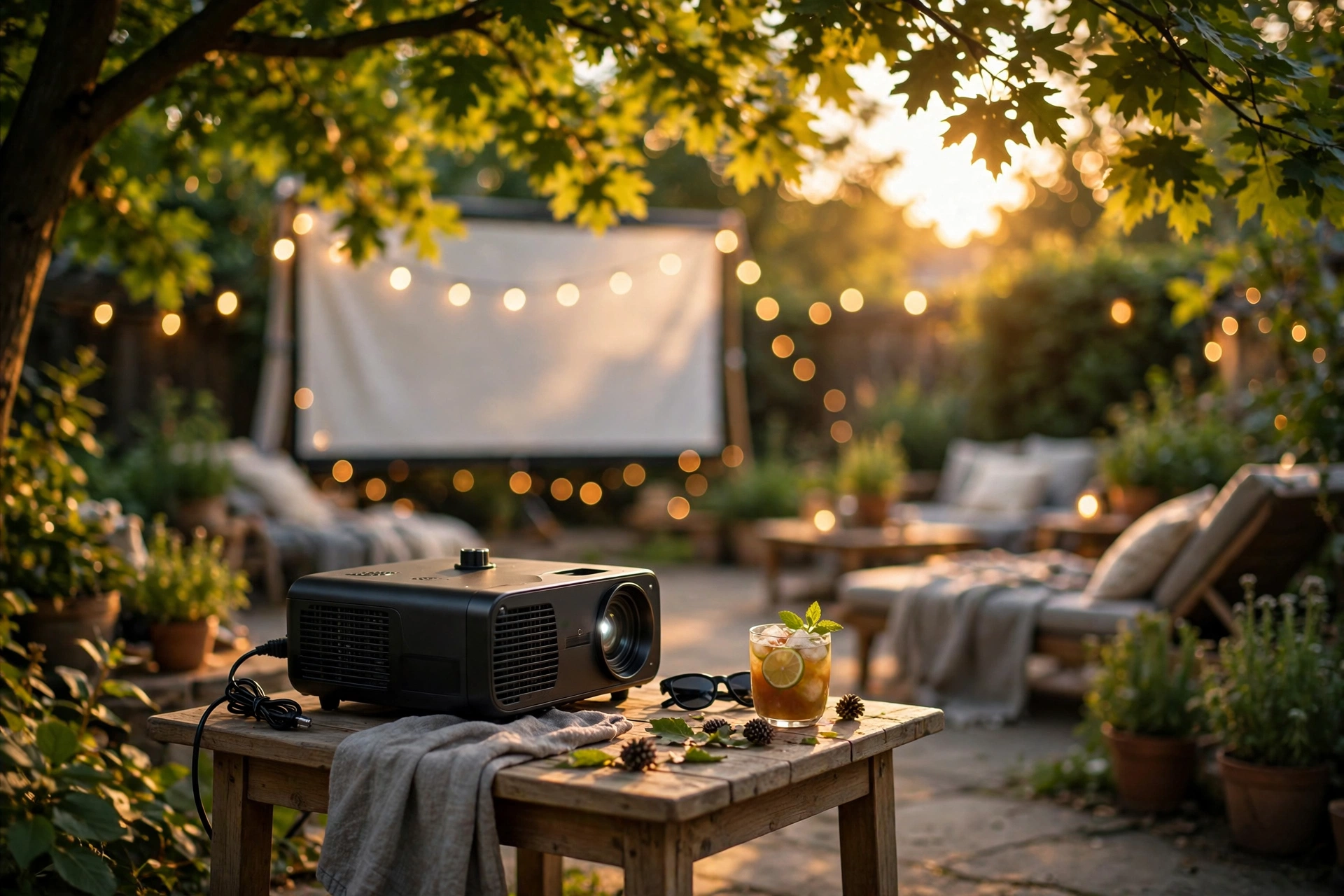 Projector on a shaded backyard patio table at golden hour