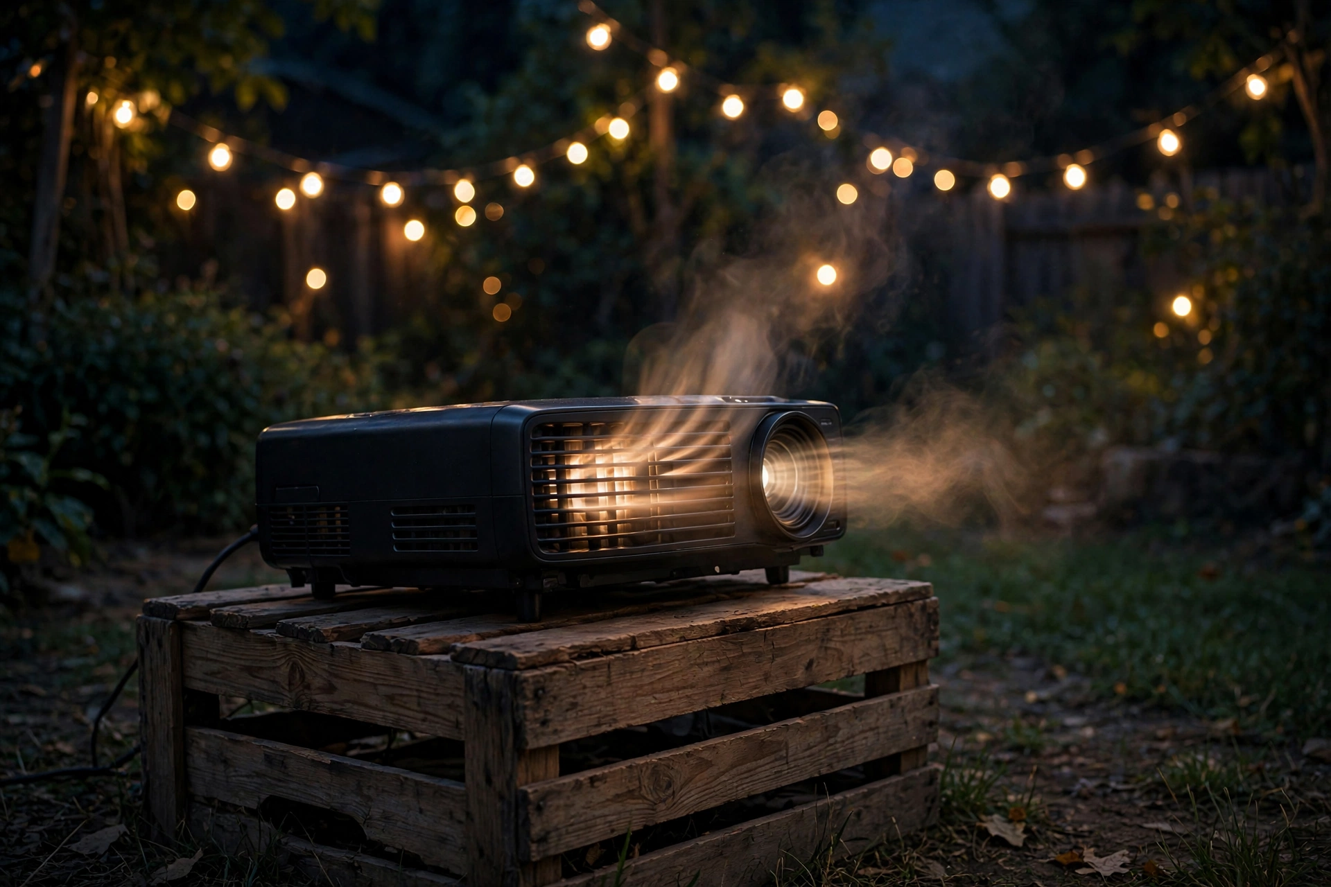 Outdoor projector on a crate showing its side ventilation vents with warm air flowing out