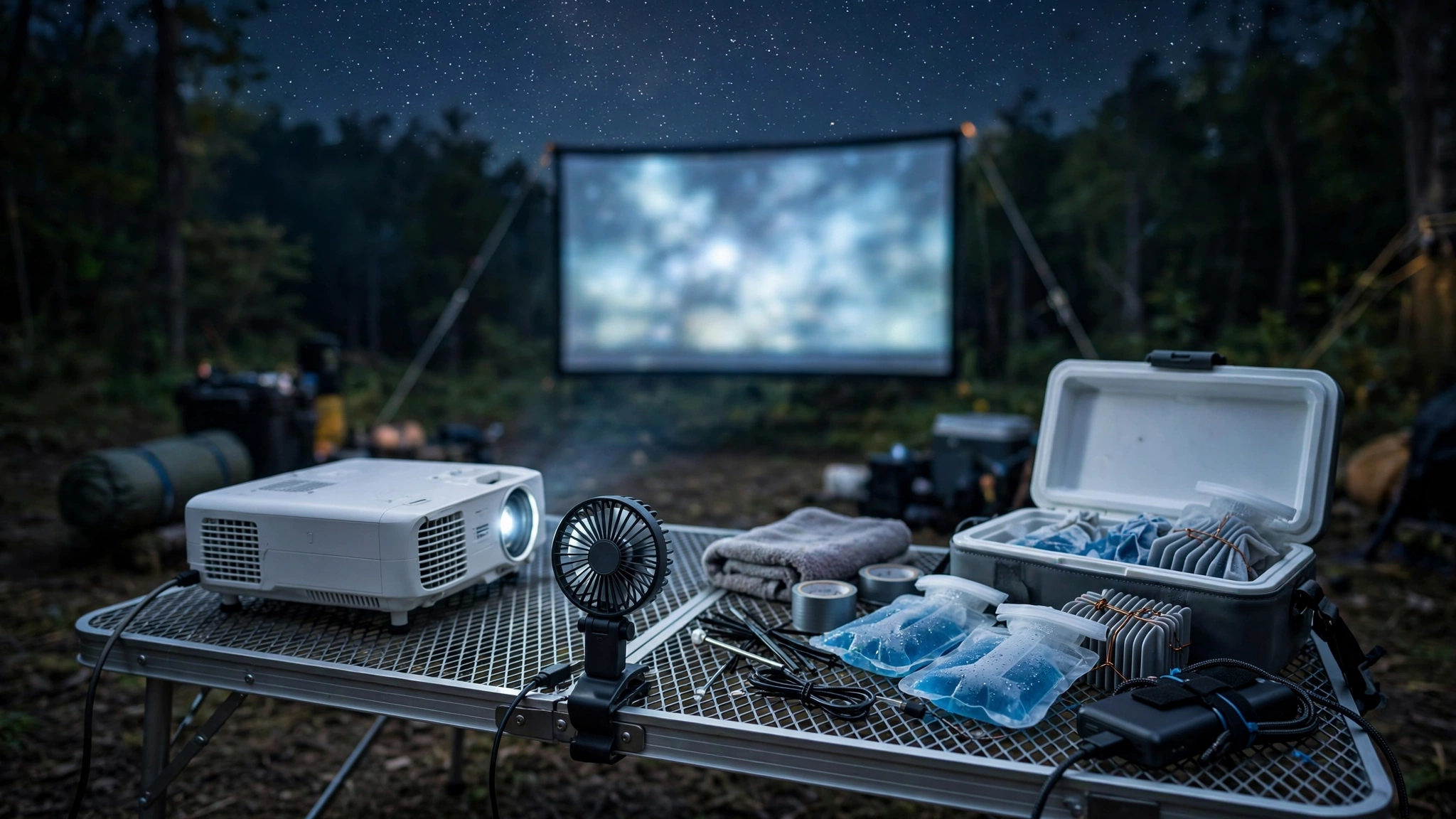 Outdoor projector cooled by a small portable USB clip fan - How to keep your projector cool outside in summer?