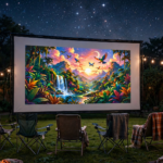 How to Make Your Projector Brighter Outside in 2026 Bright, vivid movie image projected on an outdoor backyard screen at night, stars in the sky, cozy movie-night setup
