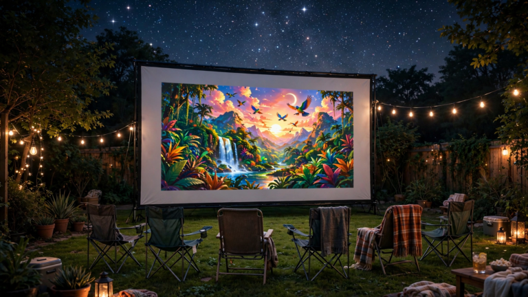 Bright, vivid movie image projected on an outdoor backyard screen at night, stars in the sky, cozy movie-night setup