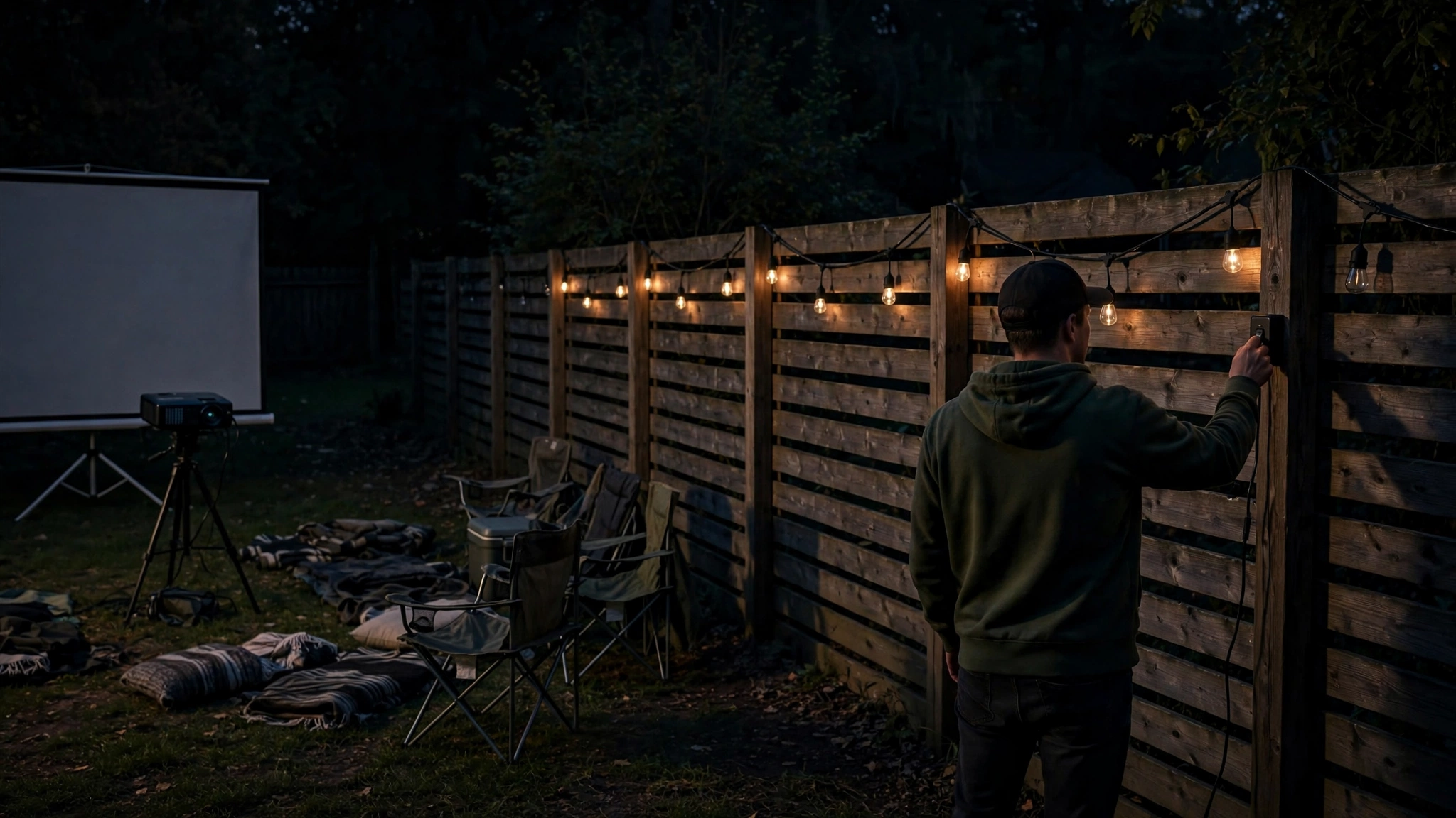 Turning off string lights and porch lights before an outdoor movie night - How to Make Your Projector Brighter Outside