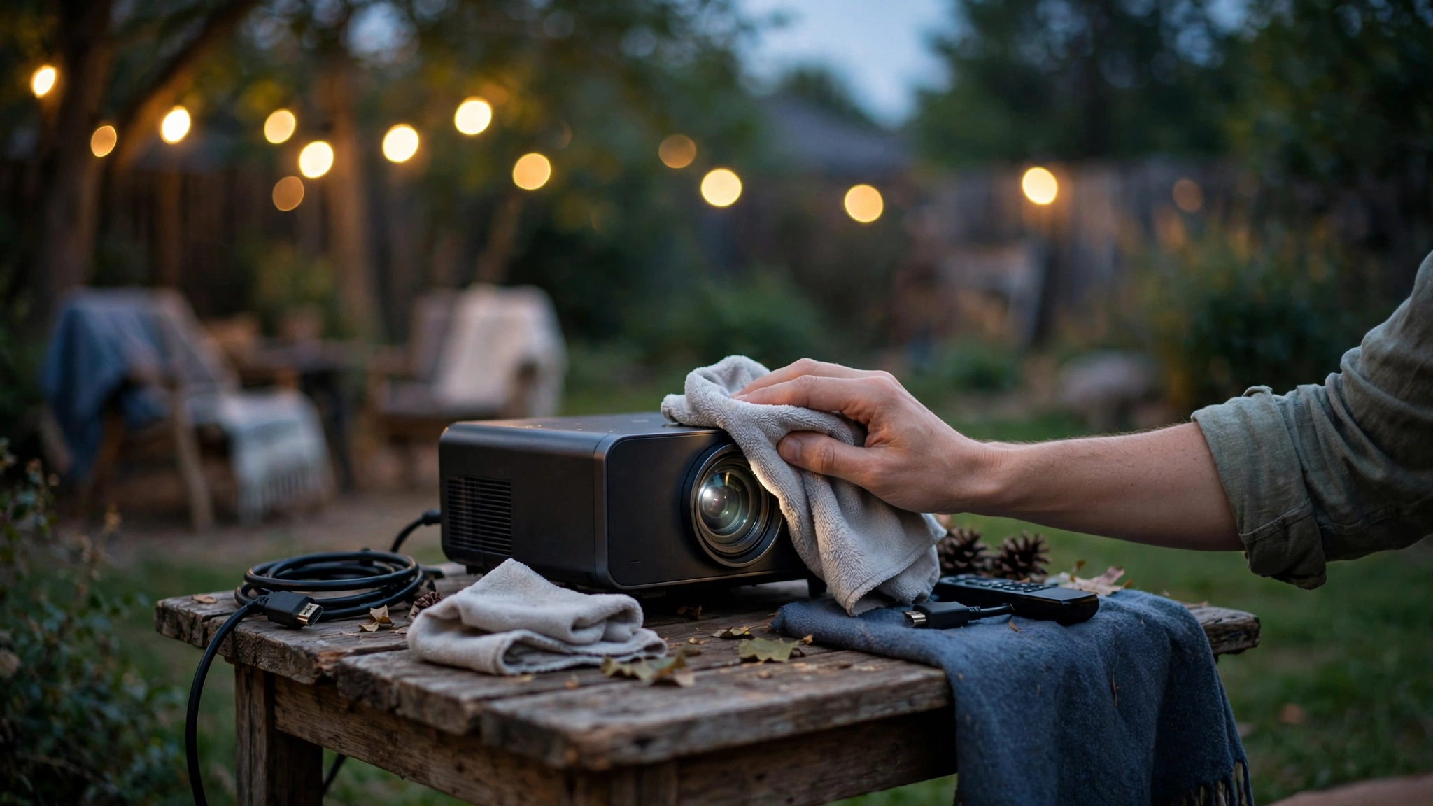 Cleaning a projector lens with a microfiber cloth on an outdoor table before a backyard movie night