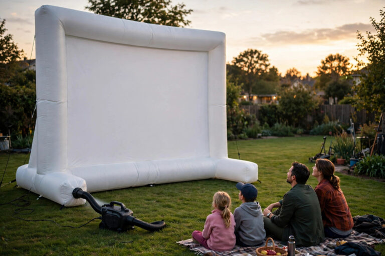 Inflatable projector screen being set up on lawn