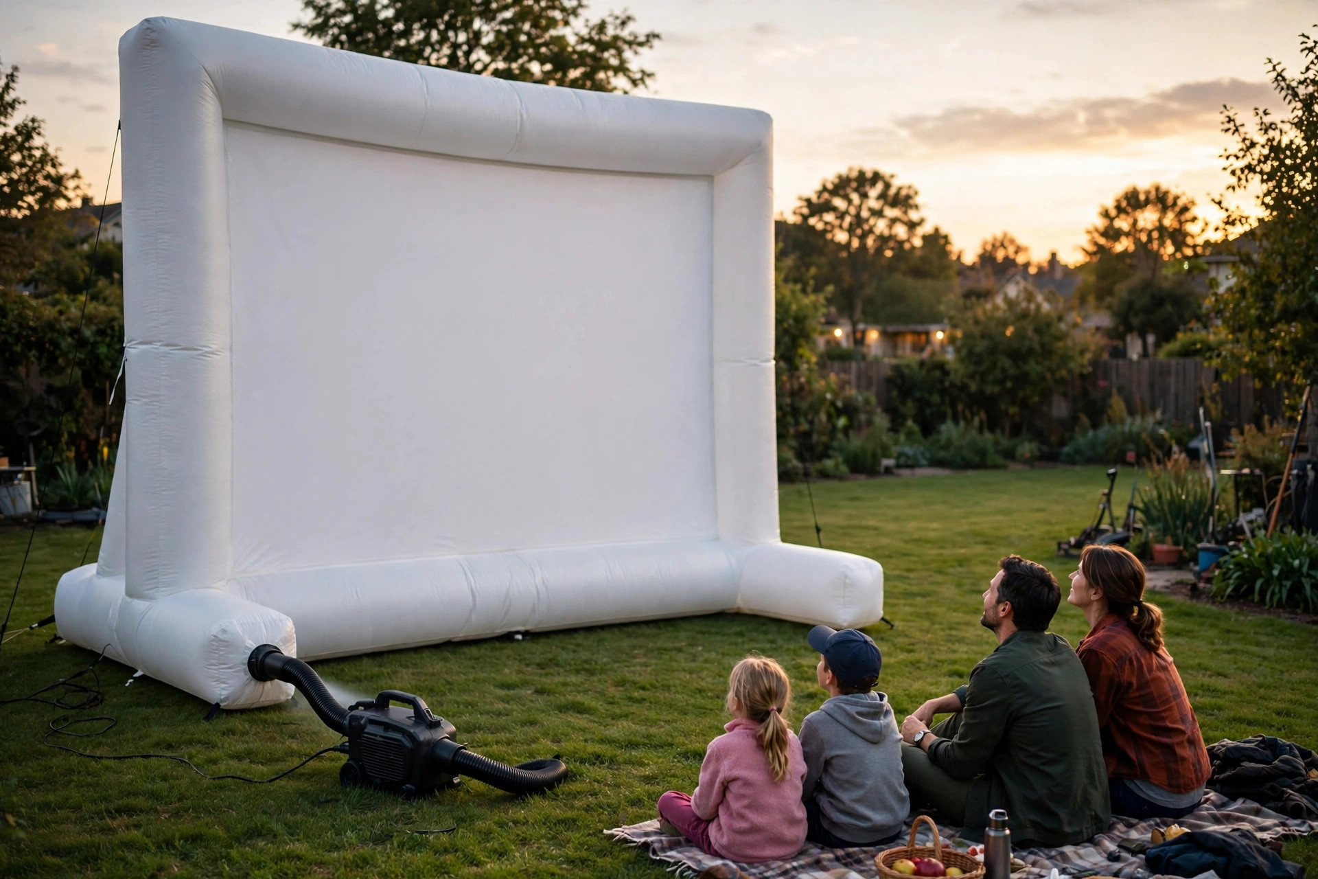 Inflatable projector screen being set up on lawn
