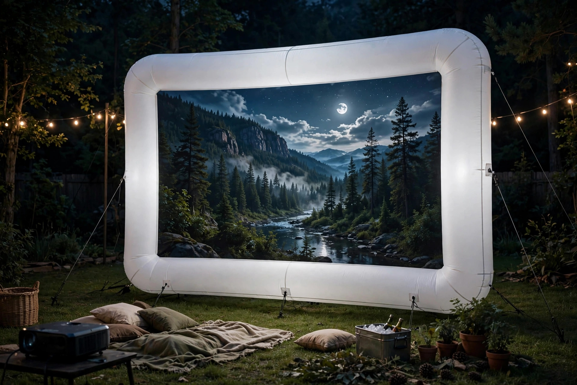 Inflated projector screen glowing at night with audience