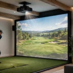 Indoor golf simulator with ceiling projector displaying a golf course