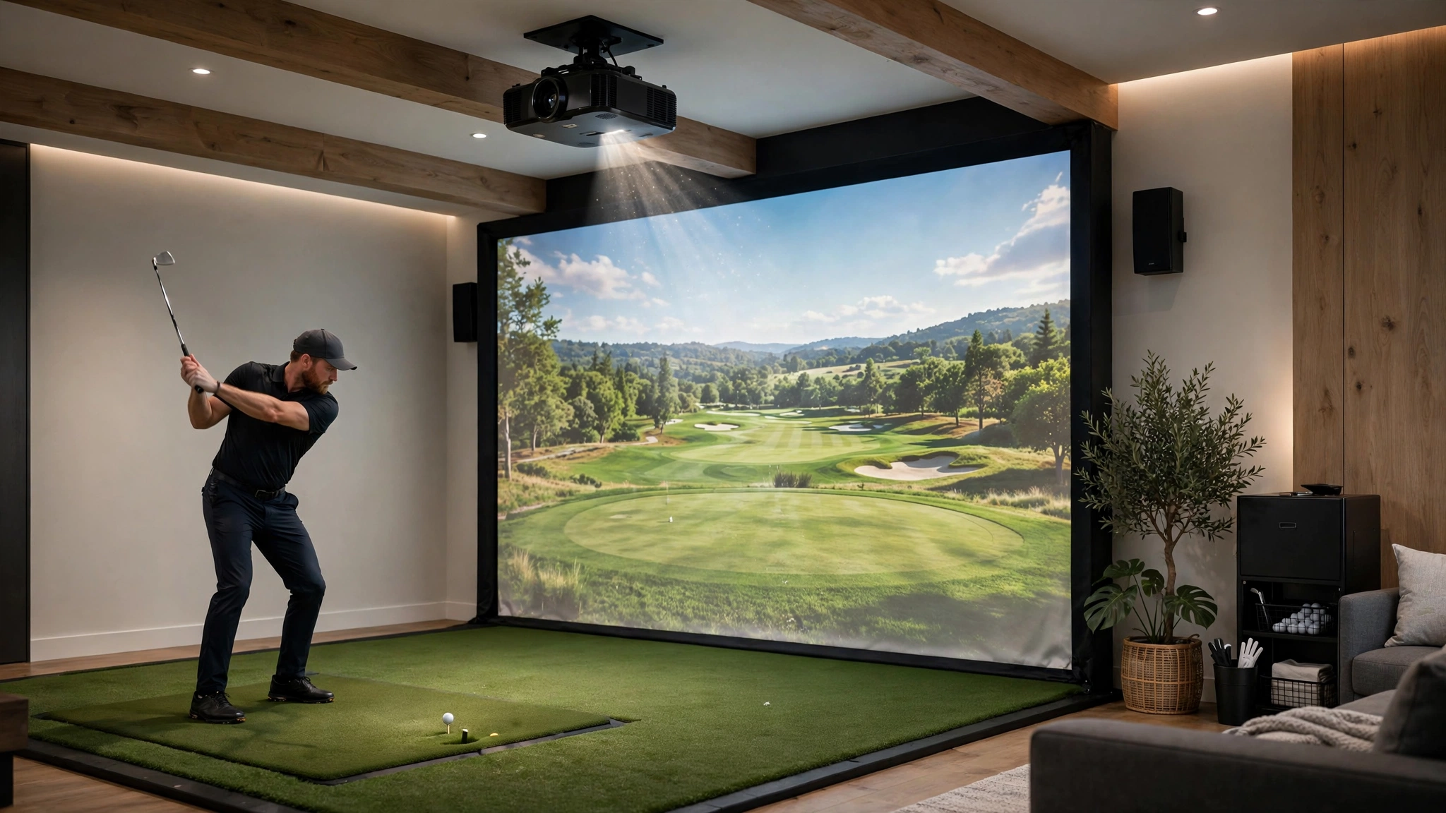 Indoor golf simulator with ceiling projector displaying a golf course